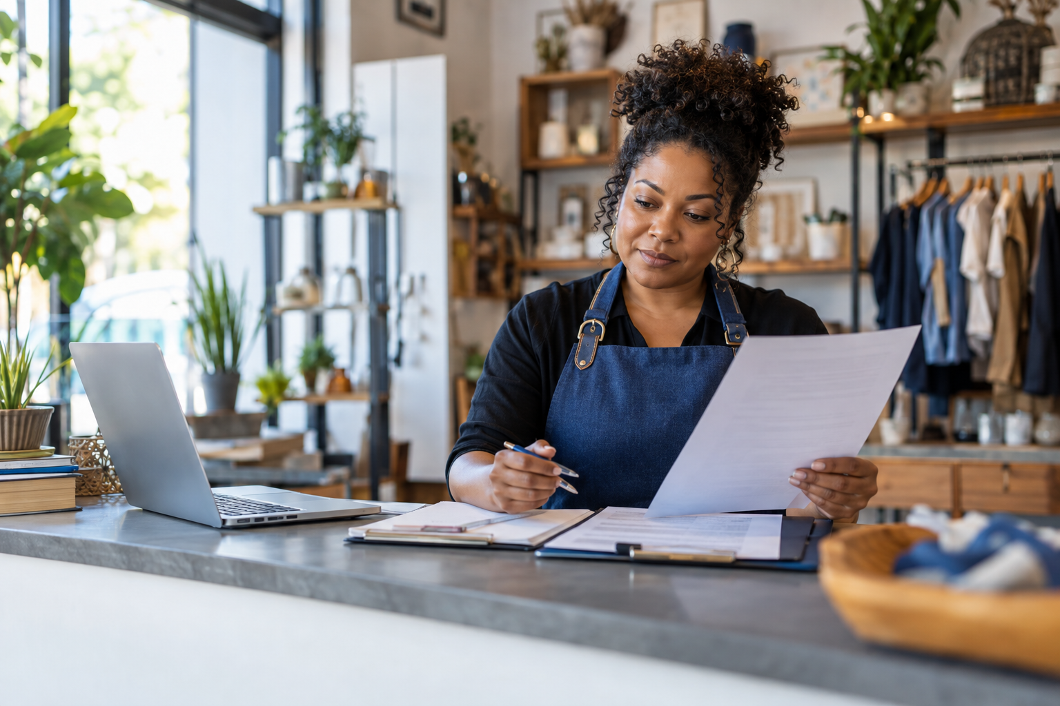 Small business owner reviewing a coverage checklist at a shop counter
