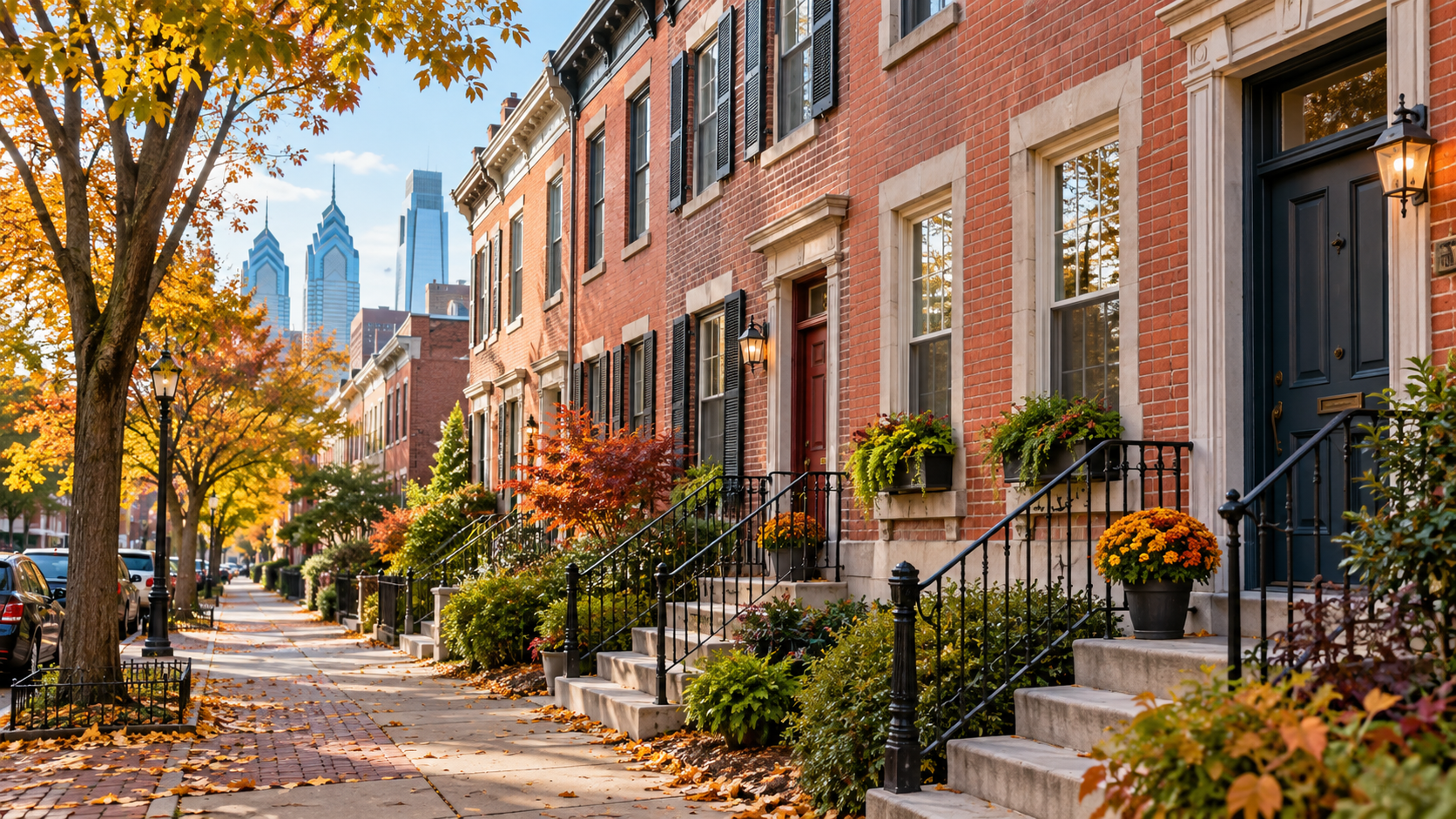 Philadelphia rowhouses along a residential street for a home insurance renovation coverage review