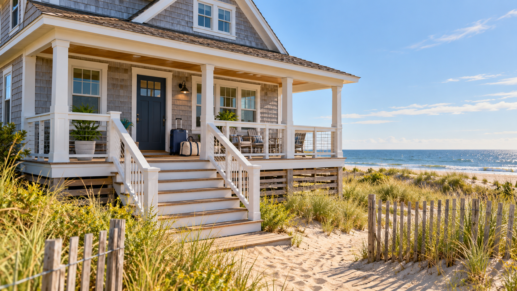 Illustration of a Beach Haven shore rental home with guest luggage beside the porch