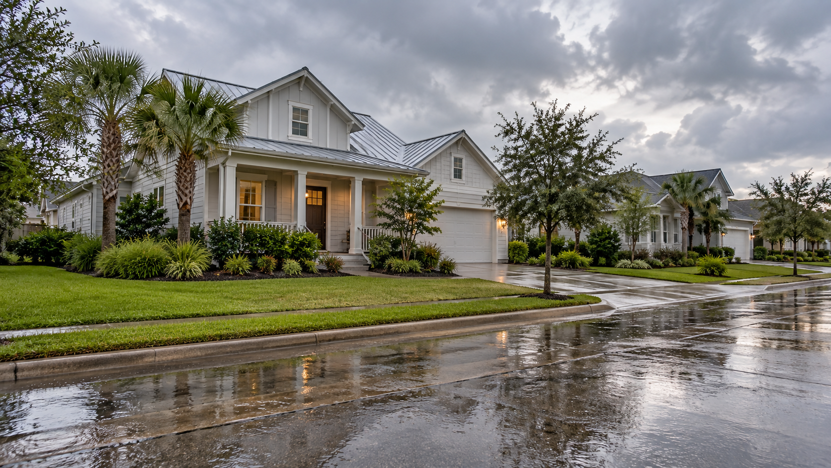 Houston-area house and wet street after rain, illustrating a flood insurance review