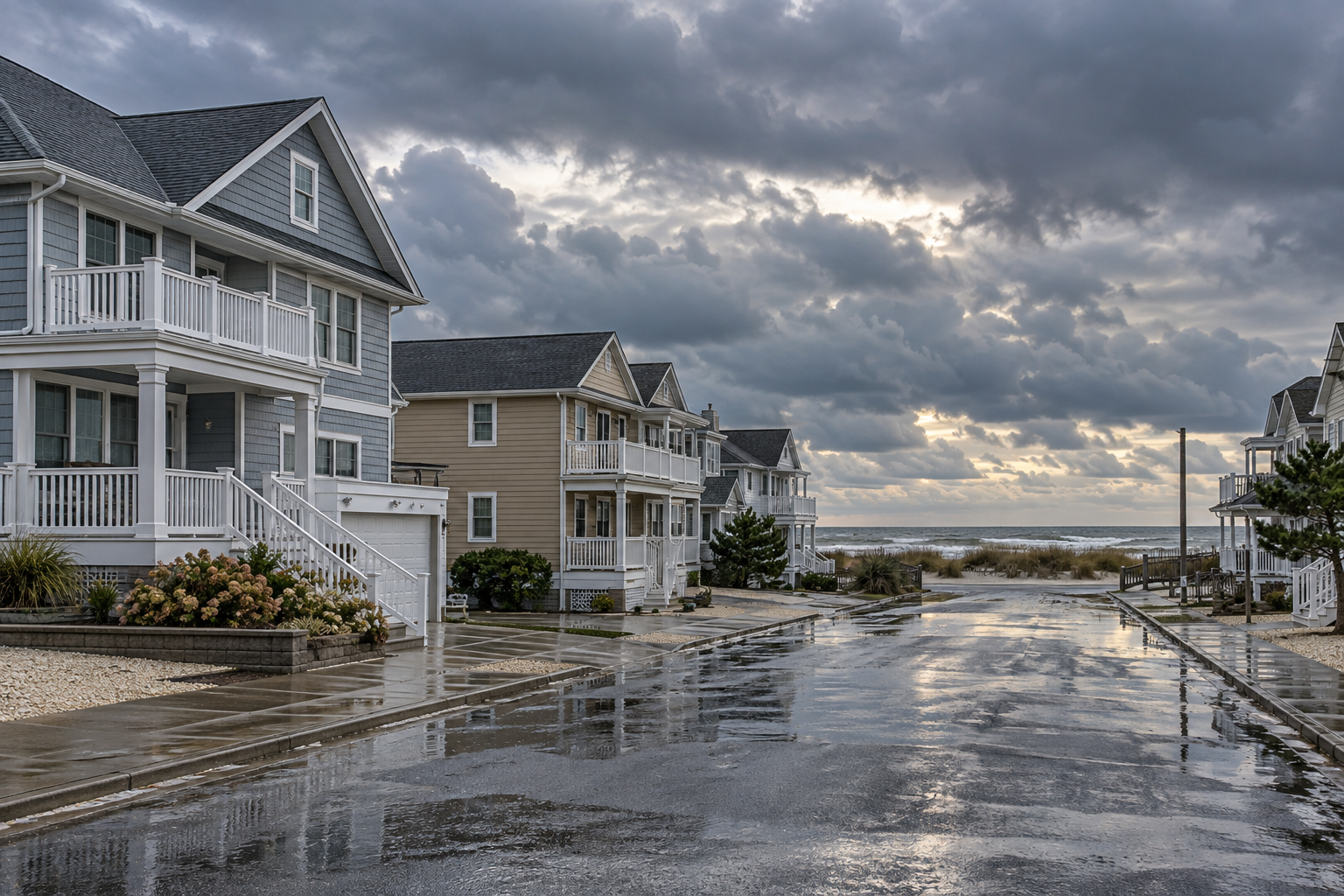 AI-generated illustration of a Stone Harbor shore property after coastal rain