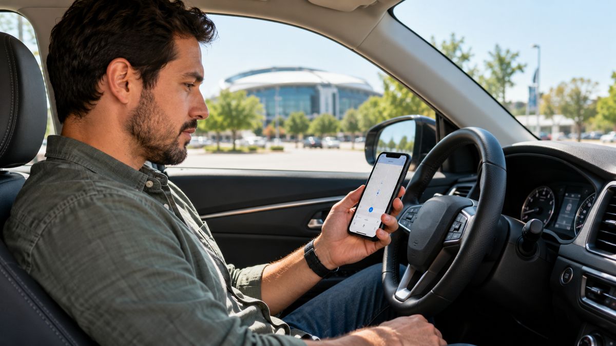 Arlington Texas driver checking a rideshare app while parked