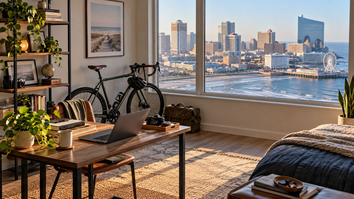 Atlantic City apartment with personal belongings and a view of the shore