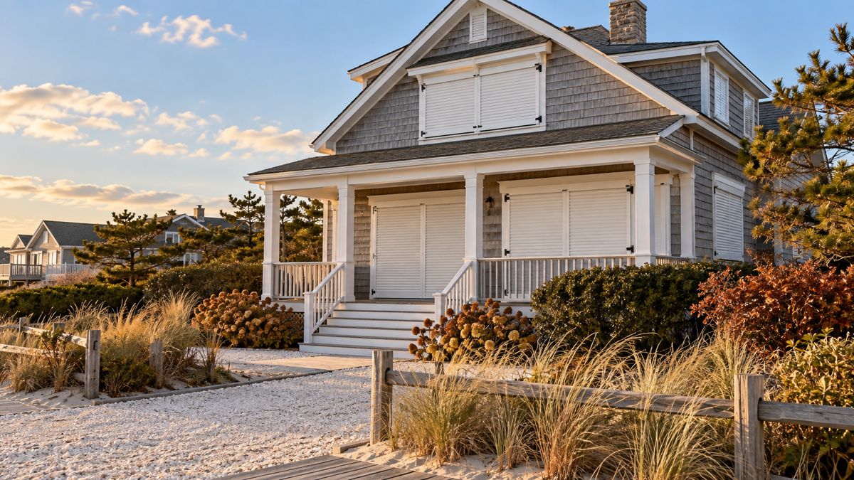 Closed Beach Haven shore cottage with shutters in autumn