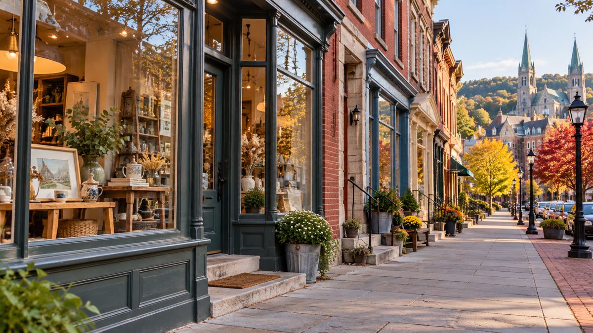 Small Bethlehem storefronts along a walkable brick-lined street