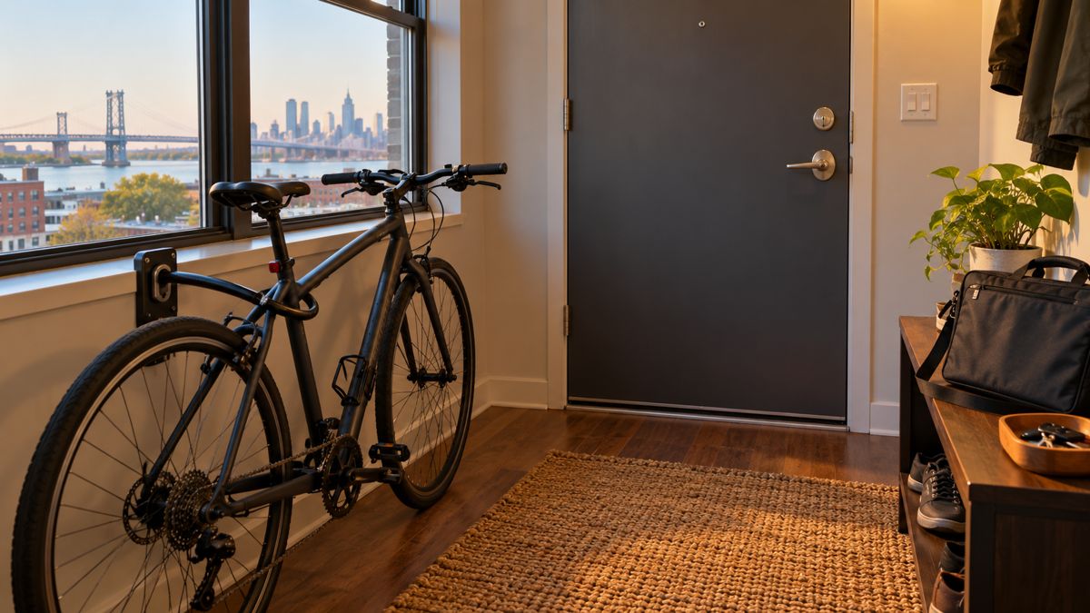 Bicycle locked inside a Camden apartment entry beside a bag