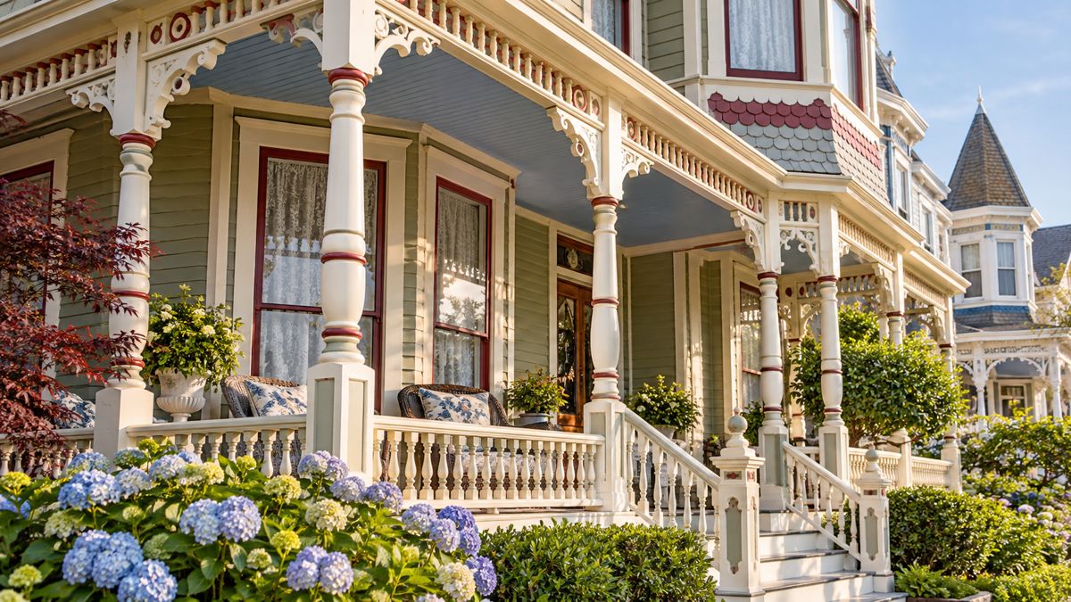 Decorative porch and trim on an older Cape May Victorian home