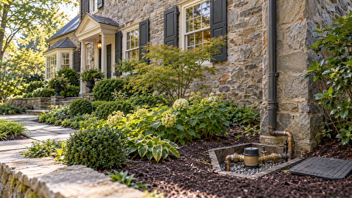 Underground water service connection beside a stone Chestnut Hill home