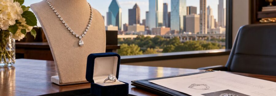 Jewelry and appraisal folder on a desk in Dallas Texas