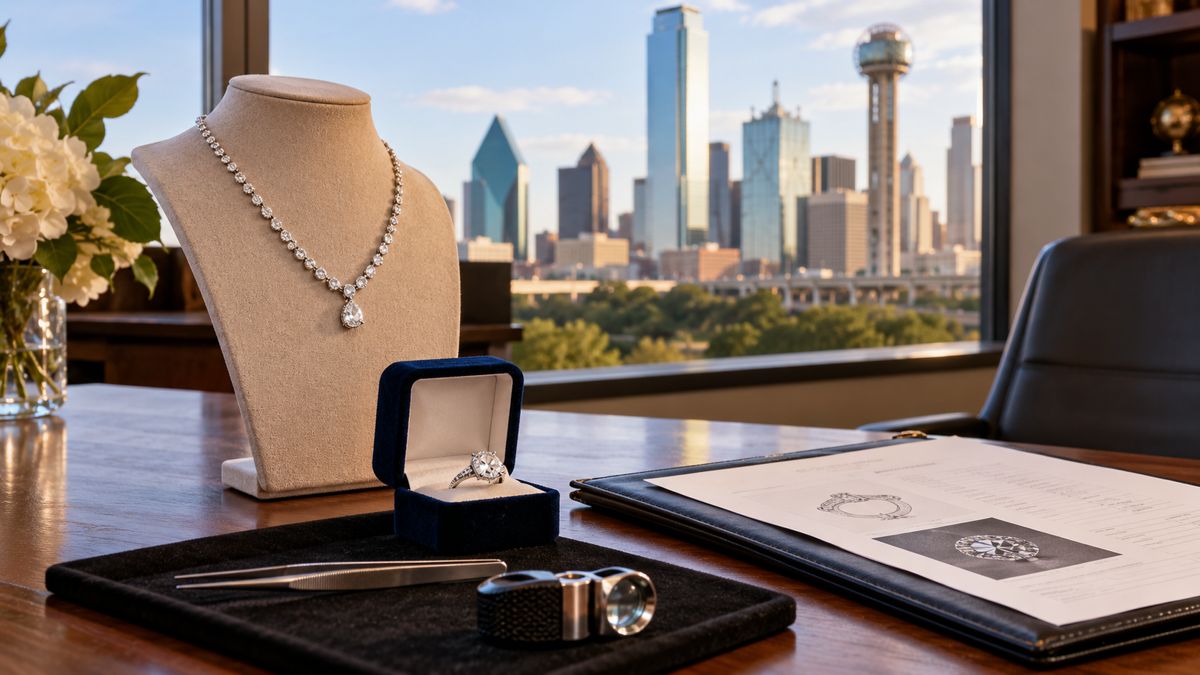 Jewelry and appraisal folder on a desk in Dallas Texas