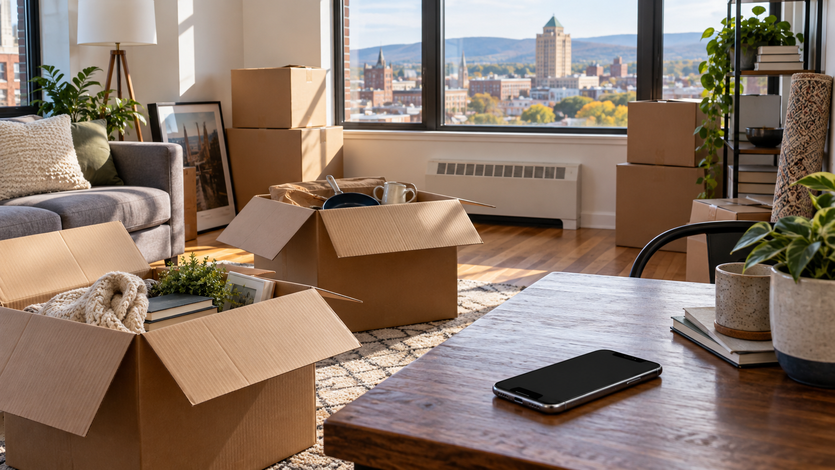 Moving boxes and household belongings in an Allentown apartment