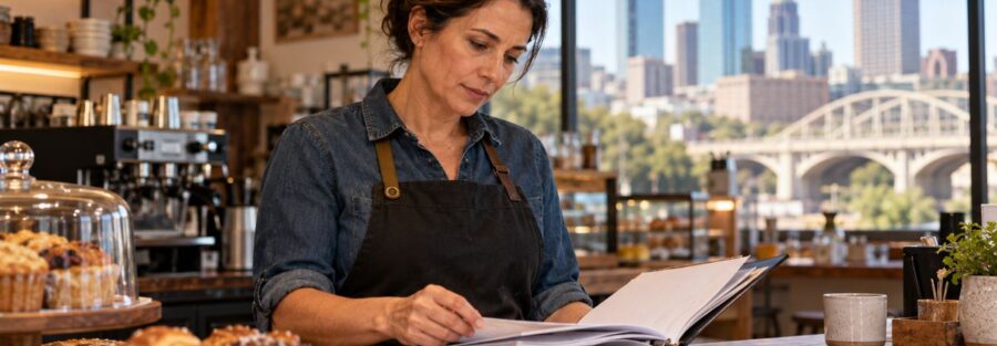 Fort Worth Texas cafe owner reviewing business records