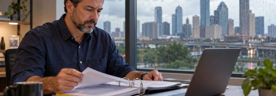 Houston business owner reviewing property insurance records before a storm