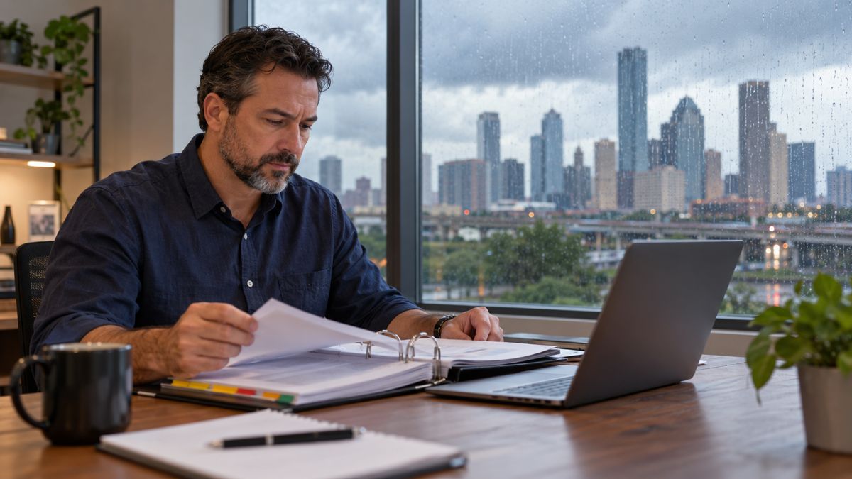Houston business owner reviewing property insurance records before a storm