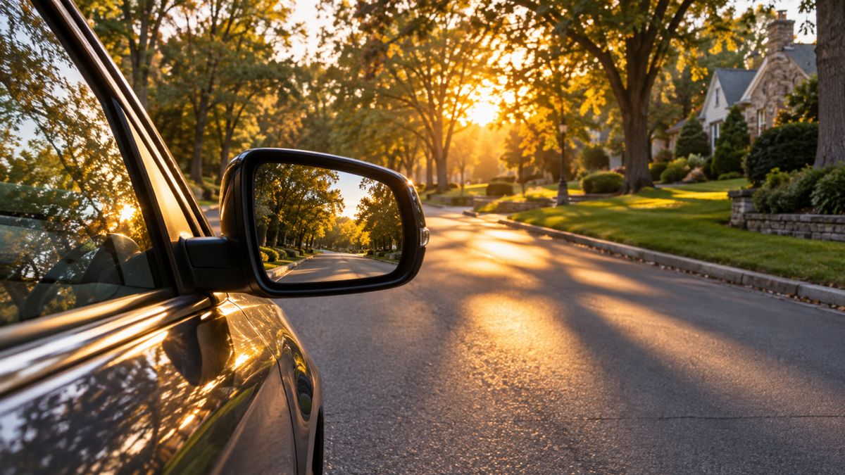 Family car and side mirror on a tree-lined Lafayette Hill street