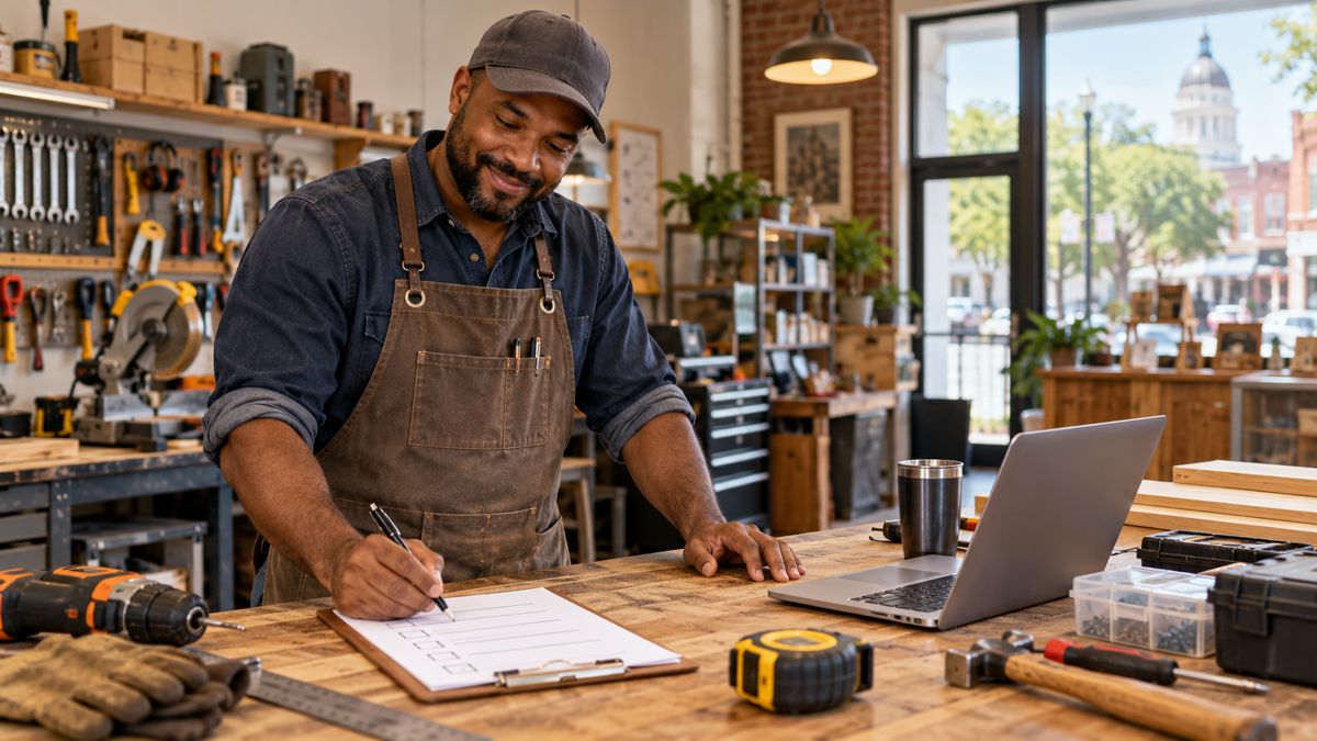Macon Georgia shop owner reviewing a tool and equipment checklist