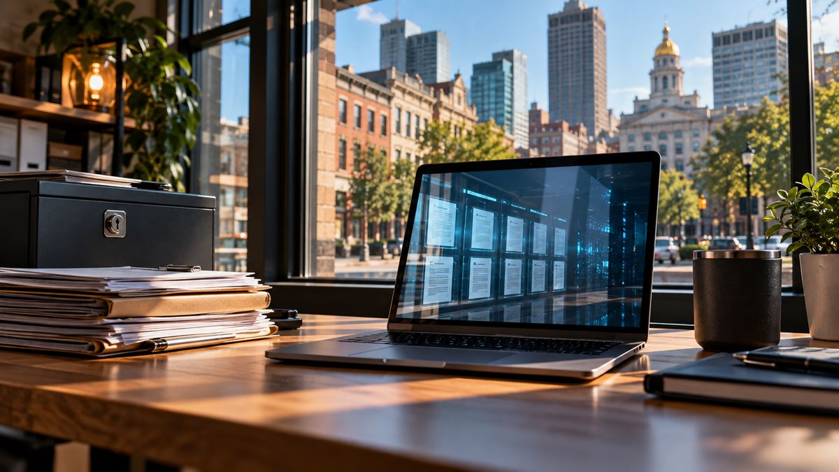 Business owner reviewing a laptop and secure records in Newark New Jersey