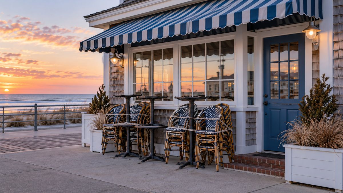 North Wildwood seasonal cafe with outdoor chairs secured for the off-season