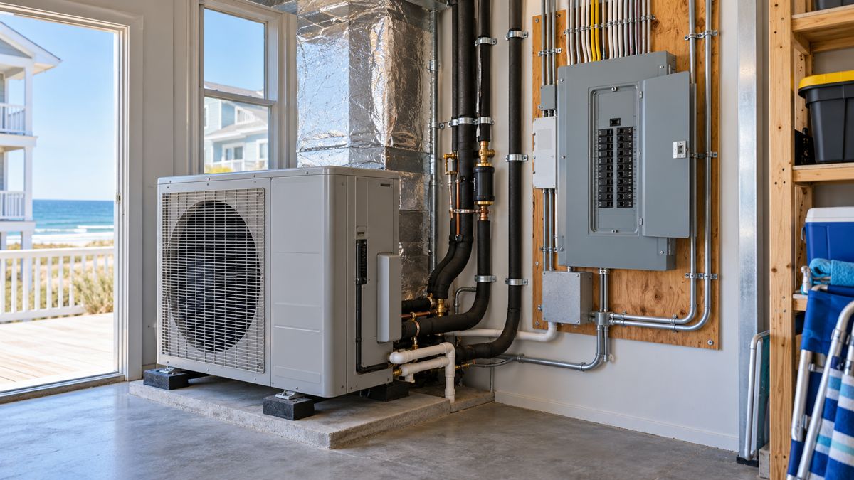 Heat pump and electrical equipment in an Ocean City shore home utility room