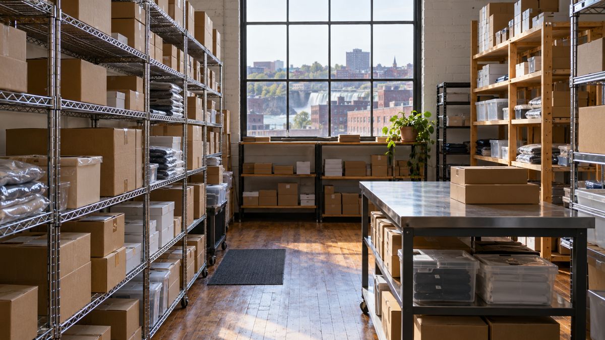 Organized stockroom shelves in a Paterson New Jersey shop