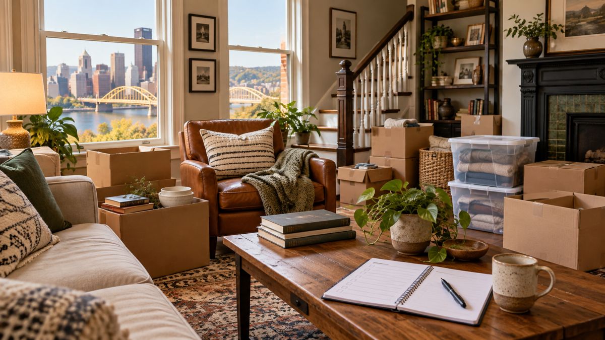 Pittsburgh living room with sorted moving boxes and a home inventory notebook