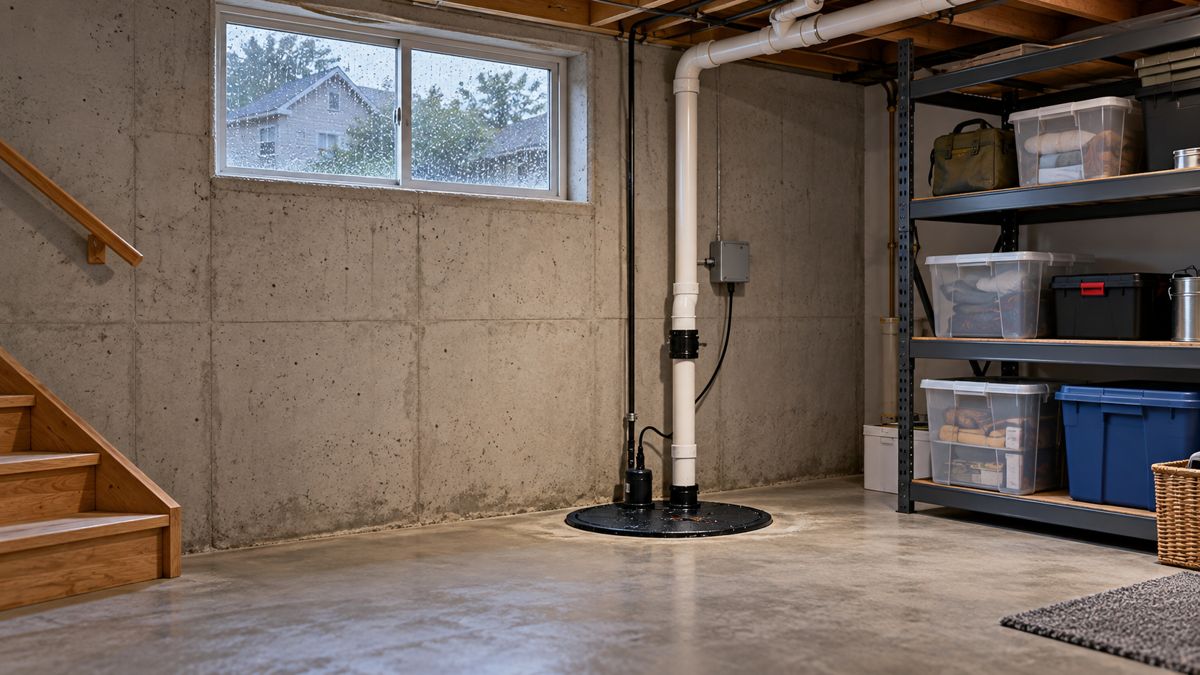 Residential basement with a sump pump and storage shelves