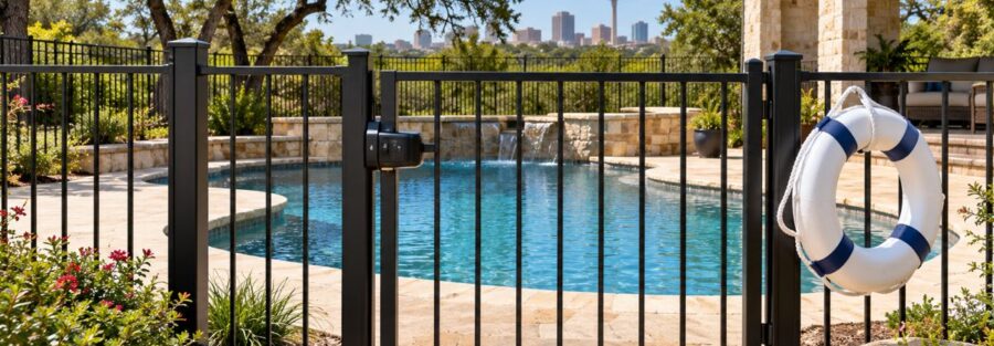 Gated residential swimming pool with safety ring in San Antonio Texas