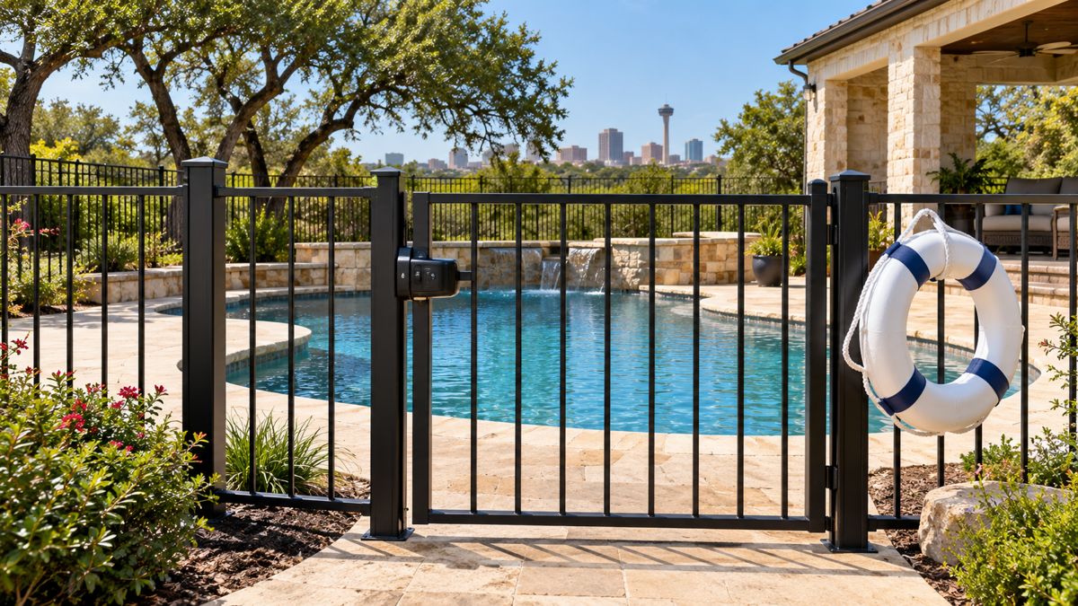 Gated residential swimming pool with safety ring in San Antonio Texas