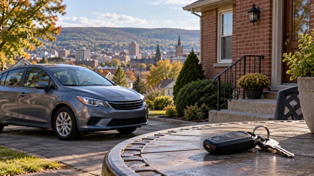 Car keys beside a parked family sedan in a Scranton neighborhood