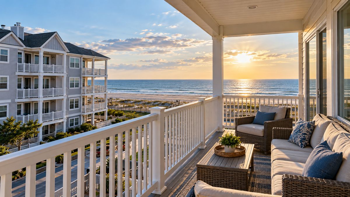 Sea Isle City condo balcony overlooking neighboring buildings and the ocean