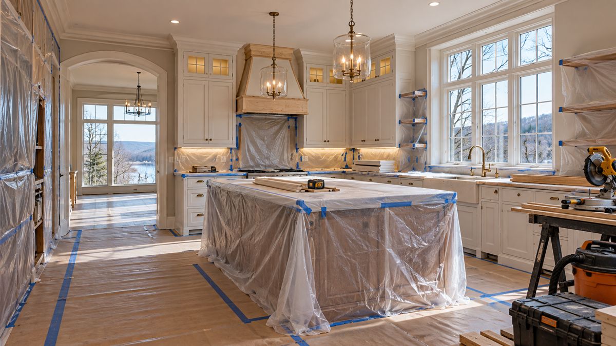 Kitchen renovation in a Sewickley Heights home with surfaces protected for construction