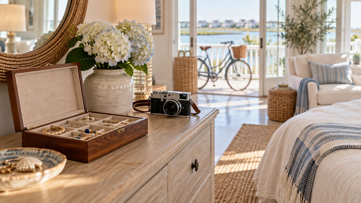 Jewelry box and camera in a Stone Harbor shore home with a bicycle visible outside