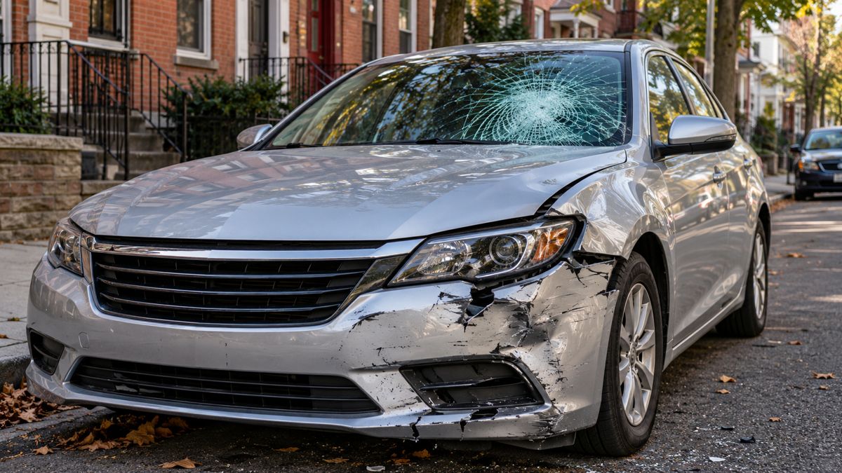 Parked Trenton sedan with windshield and front bumper damage